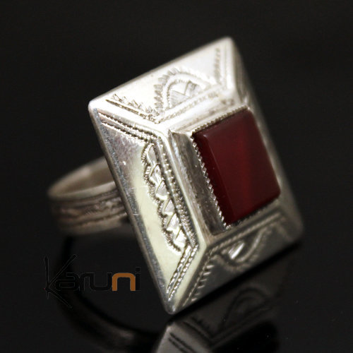 Ethnic Tuareg Tribe Design Ring Square Hand-Engraved Silver With Red Agate Stone 26
