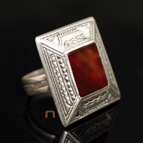 Ethnic Tuareg Tribe Design Ring Square Hand-Engraved  Silver With Red Agate Stone 27