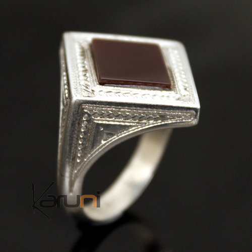 Ethnic Signet Ring Sterling Silver Jewelry Red Agate Cube Men/Women Tuareg Tribe Design 36