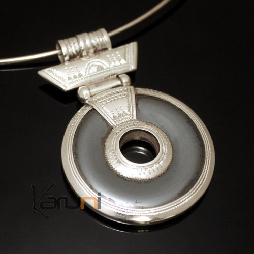 African Necklace Pendant Sterling Silver Ethnic Jewelry Gray Hematite Round Tuareg Tribe Design 01