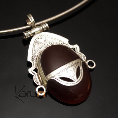 African Necklace Pendant Sterling Silver Ethnic Jewelry Goddess Head Red Agate Oval Tuareg Tribe Design 13