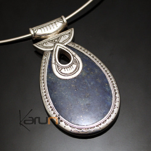African Necklace Pendant Sterling Silver Ethnic Jewelry Big Drop Blue Lapis Lazuli Tuareg Tribe Design 05