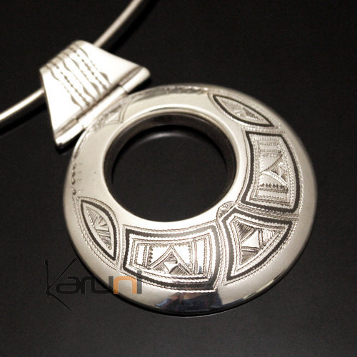 African Necklace Pendant Sterling Silver Ethnic Jewelry Engraved Big Round Tuareg Tribe Design 13