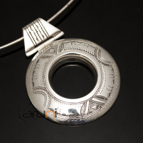 African Necklace Pendant Sterling Silver Ethnic Jewelry Big Engraved Round Tuareg Tribe Design 09