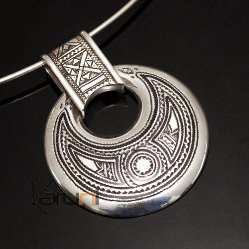 African Necklace Pendant Sterling Silver Ethnic Jewelry Big Engraved Round Tuareg Tribe Design 02