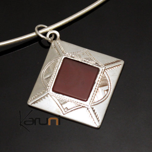 African Necklace Pendant Sterling Silver Ethnic Jewelry Red Agate Small Diamond Tuareg Tribe Design 36