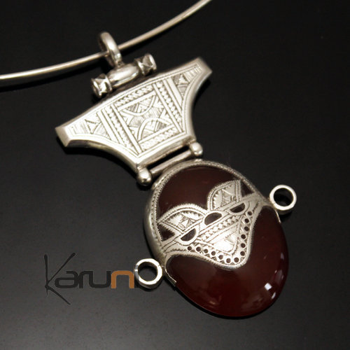 African Necklace Pendant Sterling Silver Ethnic Jewelry Goddess Head Red Agate Oval Tuareg Tribe Design 40