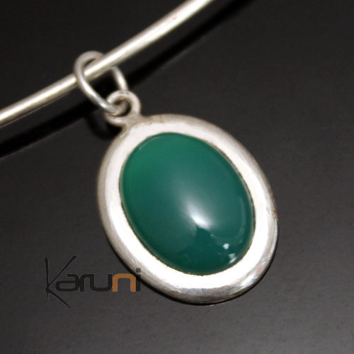 African Necklace Pendant Sterling Silver Ethnic Jewelry Green Agate Small Oval Tuareg Tribe Design 04