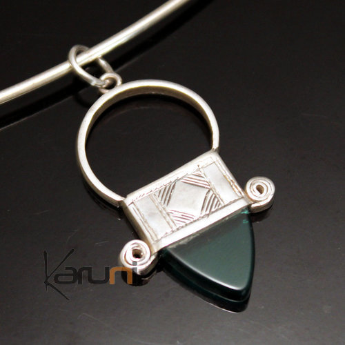 African Southern Cross Necklace Pendant Sterling Silver Ethnic Jewelry Green Triangle Bead from Ingall Niger Tuareg Tribe Design 05