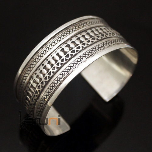 Ethnic Wide Bracelet Sterling Silver Jewelry Large Flat Engraved Men/Women Tuareg Tribe Design 09