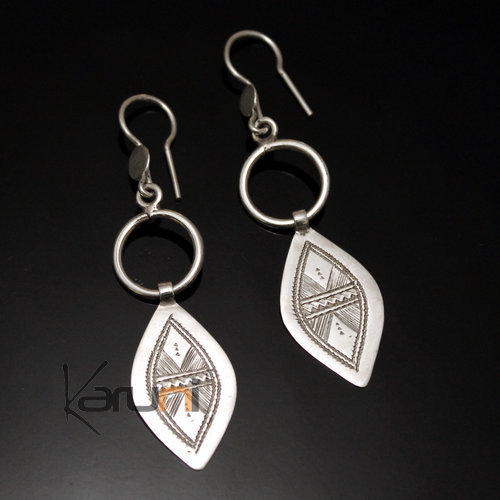 Ethnic African Hoop Earrings Sterling Silver Jewelry Leaf Pendant Tuareg Tribe Design 12