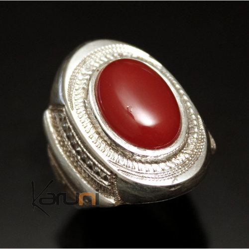 Ethnic  Tuareg Tribe Design Signet Ring Silver Hand-Engraved with Red Oval of Agate 32