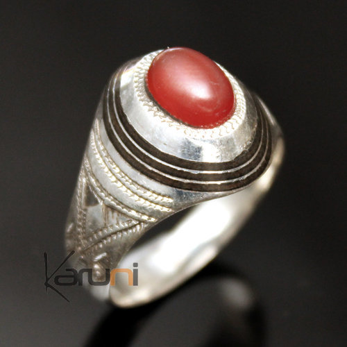 Ethnic Signet Ring Sterling Silver Jewelry Red Agate Oval Tuareg Tribe Design 41