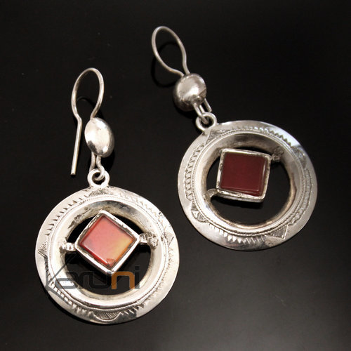 Ethnic Earrings Sterling Silver Jewelry Hollowed Round Red Agate Tuareg Tribe Design 08