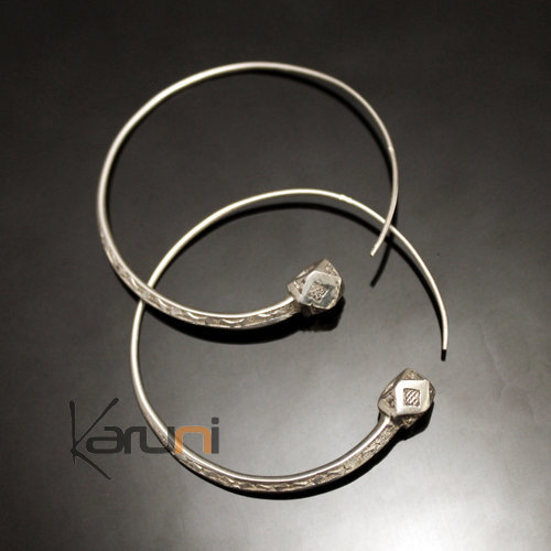 Ethnic Hoop Earrings Sterling Silver Jewelry Tesibit Engraved Balls Tuareg Tribe Design 12 5 cm