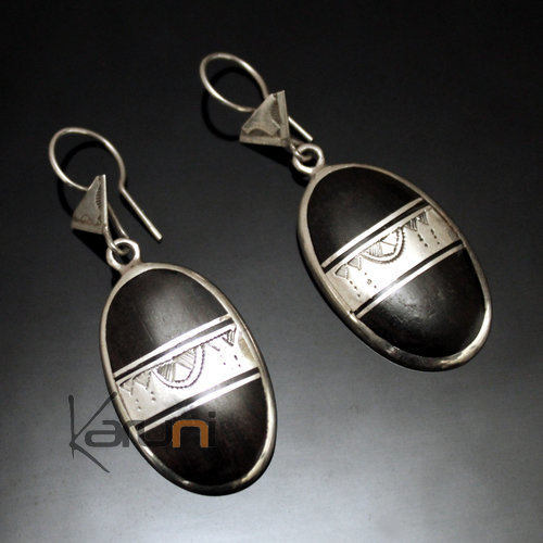 Ethnic Earrings Sterling Silver Jewelry Ebony Oval Engraved Strip Tuareg Tribe Design 84