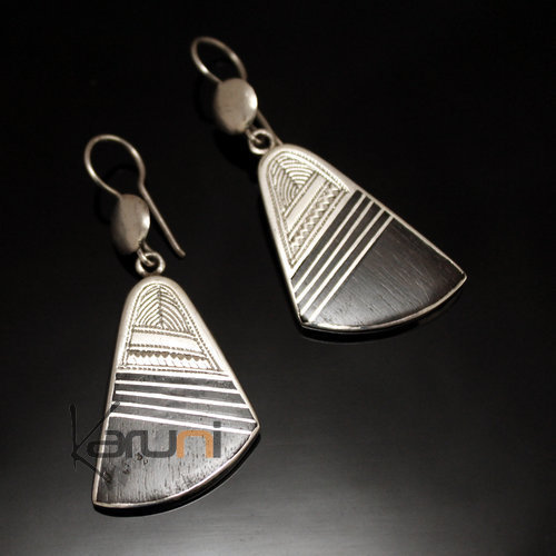 Ethnic Earrings Sterling Silver Jewelry Ebony Engraved Leaf Triangle Tuareg Tribe Design 93