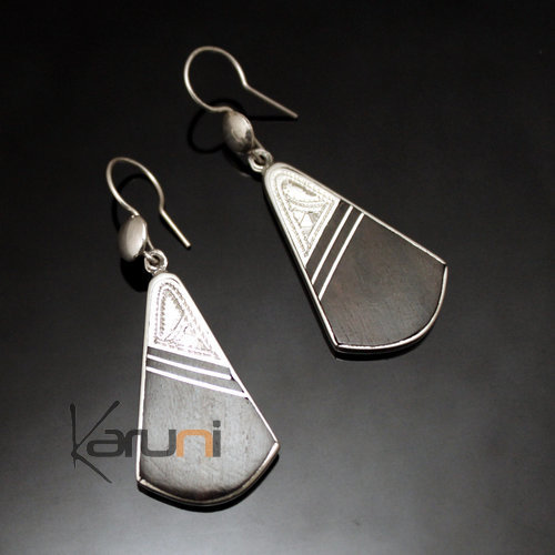 Ethnic Earrings Sterling Silver Jewelry Ebony Engraved Filigree Triangle Tuareg Tribe Design 104