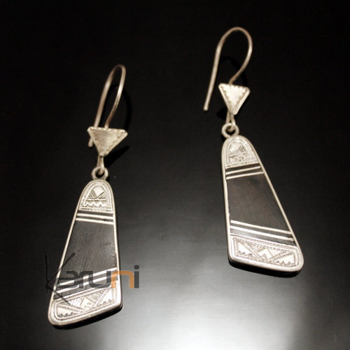 Ethnic Earrings Sterling Silver Jewelry Ebony Leaf Engraved Triangle Tuareg Tribe Design 114