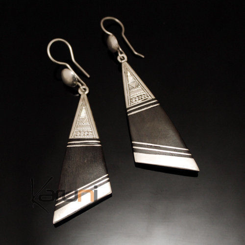 Ethnic Earrings Sterling Silver Jewelry Ebony Triangle Long Band Tuareg Tribe Design 118