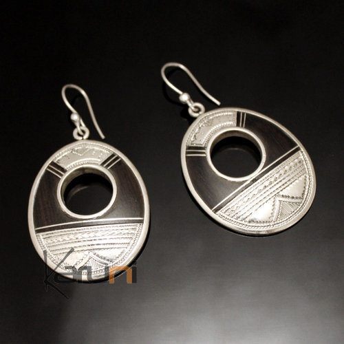 Ethnic Earrings Sterling Silver Jewelry Ebony Big Oval Hollowed Engraved Tuareg Tribe Design 129