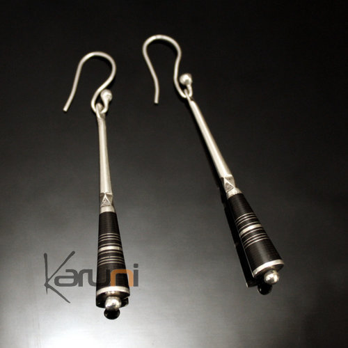 Ethnic African Jewelry Earrings in Sterling Silver and Ebony Thin Round Clubs Clasp Tuareg Tribe Design