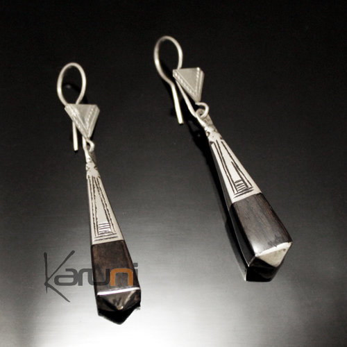 Ethnic African Jewelry Earrings in Sterling Silver and Ebony Thin Round Clubs Clasp Tuareg Tribe Design