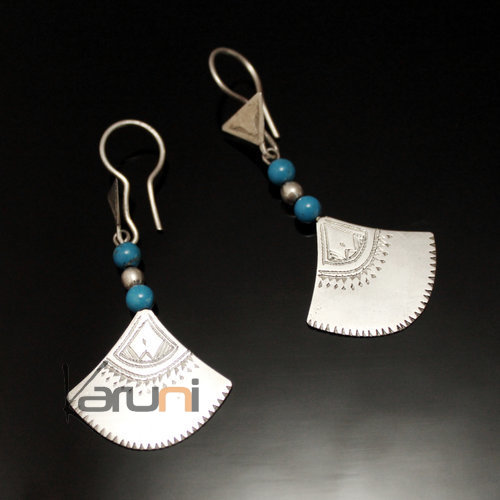 Ethnic Earrings Sterling Silver Jewelry Lotus Turquoise Shat-Shat Tuareg Tribe Design 43 5,5 cm