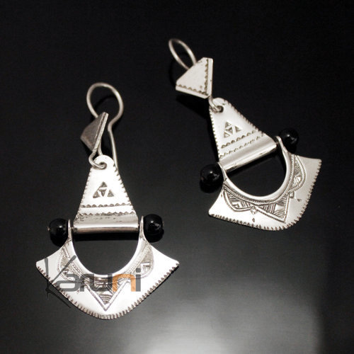 Ethnic African Earrings Sterling Silver Jewelry Fan Pendant Black Beads Tuareg Tribe Design 100