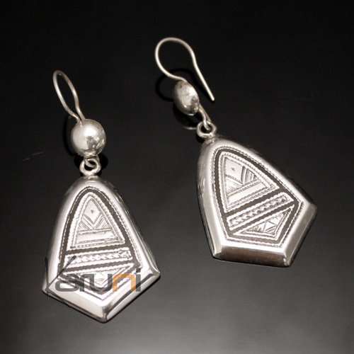Ethnic African Earrings Sterling Silver Jewelry Engraved Ebony Pendant Tuareg Tribe Design 109