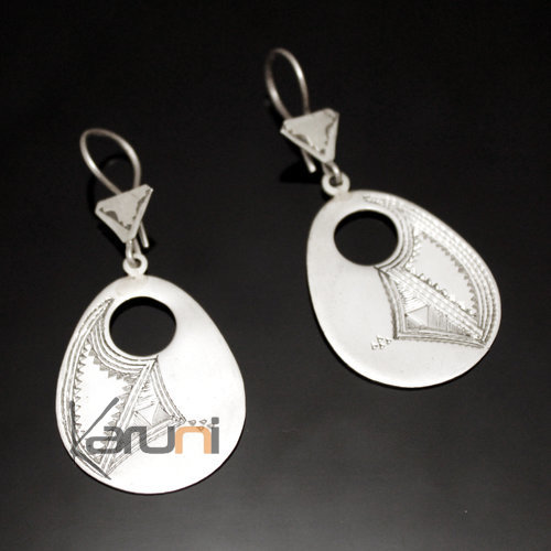 Ethnic African Earrings Sterling Silver Jewelry Big Engraved Flat Hollow Drop Tuareg Tribe Design 119