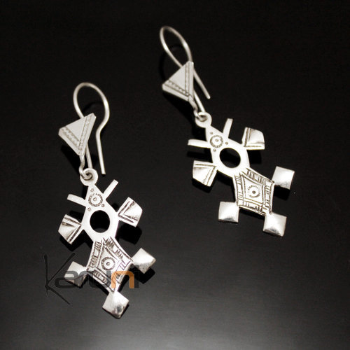 Ethnic Southern Cross Earrings Sterling Silver Jewelry from Tahouha Niger Tuareg Tribe Design 156 4,5 cm