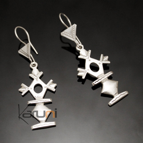 Ethnic Southern Cross Earrings Sterling Silver Jewelry from Madoua Niger Tuareg Tribe Design 158 5 cm