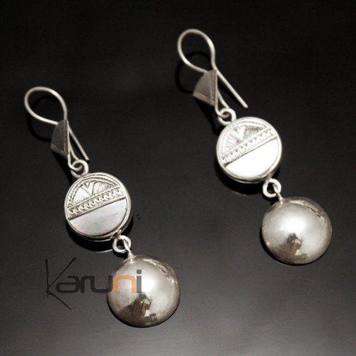 Ethnic Earrings Sterling Silver Jewelry Mother of Pearl Engraved Round Pendants Tuareg Tribe Design 30