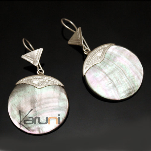 Ethnic Earrings Sterling Silver Jewelry Big Engraved Mother of Pearl Round Tuareg Tribe Design 31