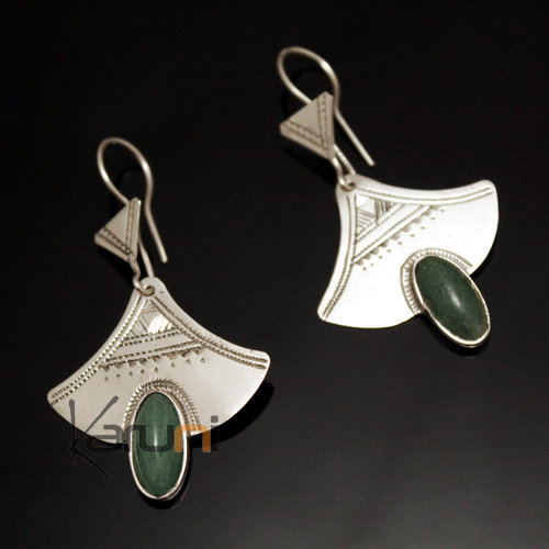 Ethnic Earrings Sterling Silver Jewelry Engraved Lily Green Jade Tuareg Tribe Design 38