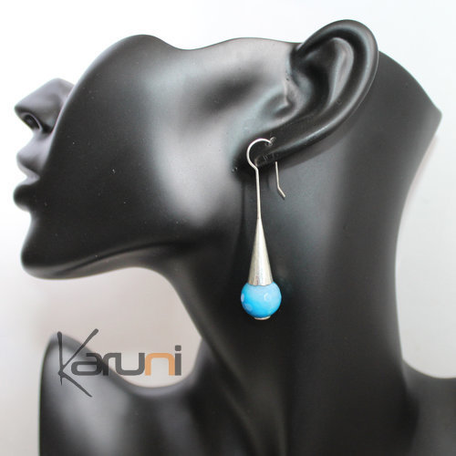 Ethnic Drop Earrings Sterling Silver Jewelry Long Faceted Bead Turquoise Blue Fire Agate Tuareg Tribe Design 46