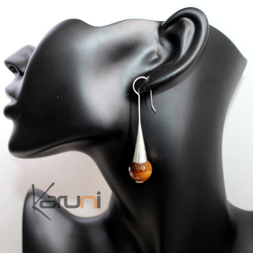Ethnic Drop Earrings Sterling Silver Jewelry Long Faceted Bead Camel Fire Agate Tuareg Tribe Design 47
