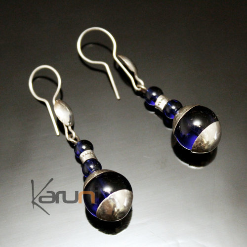 Ethnic Earrings Sterling Silver Jewelry Round Hand-crafted Glass Blue Beads Tuareg Tribe Design 51