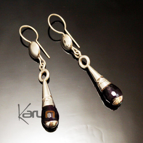 Ethnic Drop Earrings Sterling Silver Jewelry Faceted Amethyst Hoops Tuareg Tribe Design 52