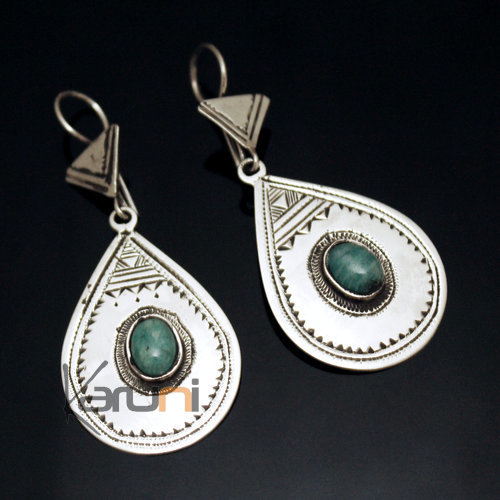 Ethnic Earrings Sterling Silver Jewelry Smooth Engraved Drop Turquoise Tuareg Tribe Design 57