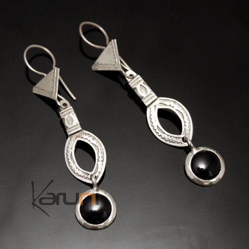 Ethnic Earrings Sterling Silver Openwork Jewelry Long Leaf Pendants Black Onyx Tuareg Tribe Design 59