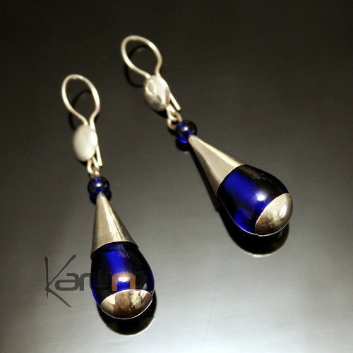 Ethnic Drop Earrings Sterling Silver Jewelry Long Blue Glass Beads Tuareg Tribe Design 62
