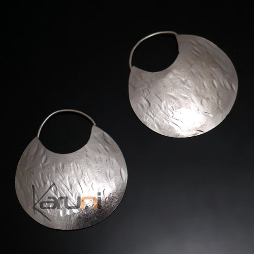 Fulani Earrings Plated Silver Flat Hoops 5 cm 2 inches African Ethnic Jewelry Mali