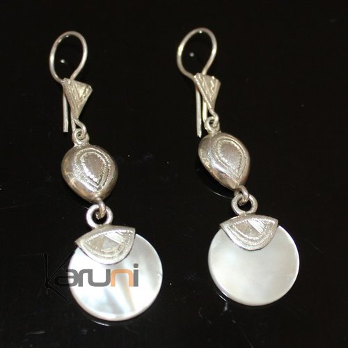 Ethnic Earrings Sterling Silver Jewelry Round Mothr of Pearl Lacy Pendants Tuareg Tribe Design 40