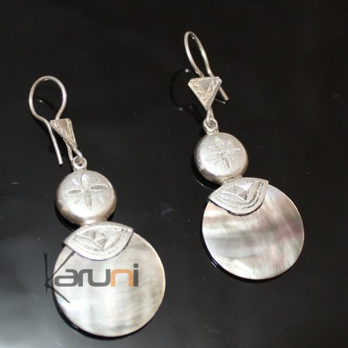 Ethnic Earrings Sterling Silver Jewelry Round Mother of Pearl Lacy Pendants Tuareg Tribe Design 39