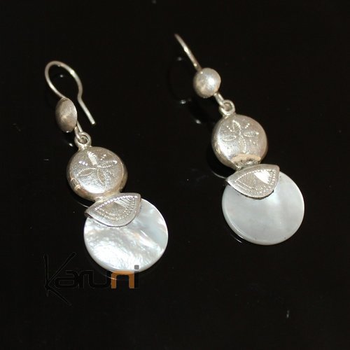 Ethnic Earrings Sterling Silver Jewelry Round Mothr of Pearl Lacy Pendants Tuareg Tribe Design 38