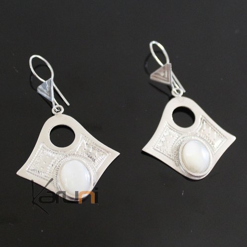 Ethnic Earrings Sterling Silver Jewelry Round Mother of Pearl Lacy Pendants Tuareg Tribe Design 37