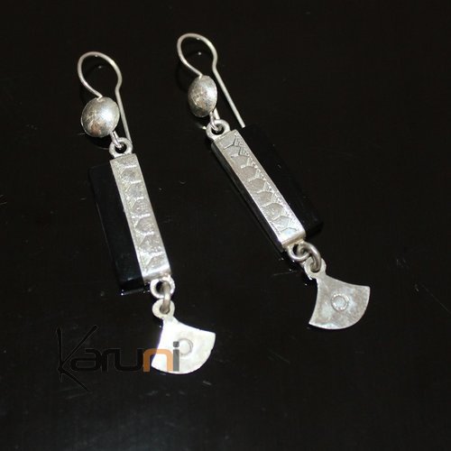 Ethnic Earrings Sterling Silver Jewelry Onyx Rectangle Small Lotus Tuareg Tribe Design 22