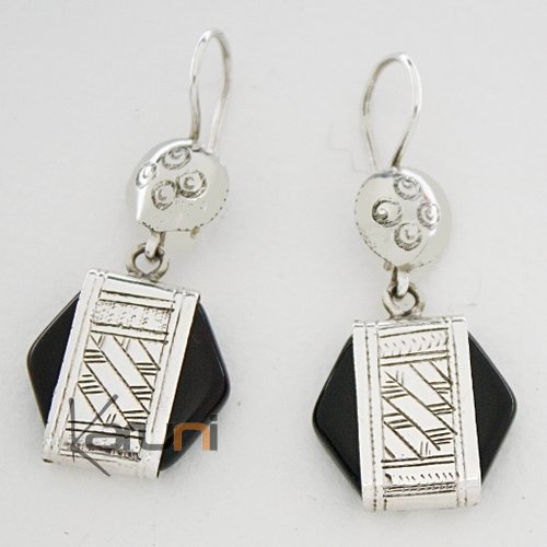Tuareg hexagon earrings engraved silver and black ebony 27